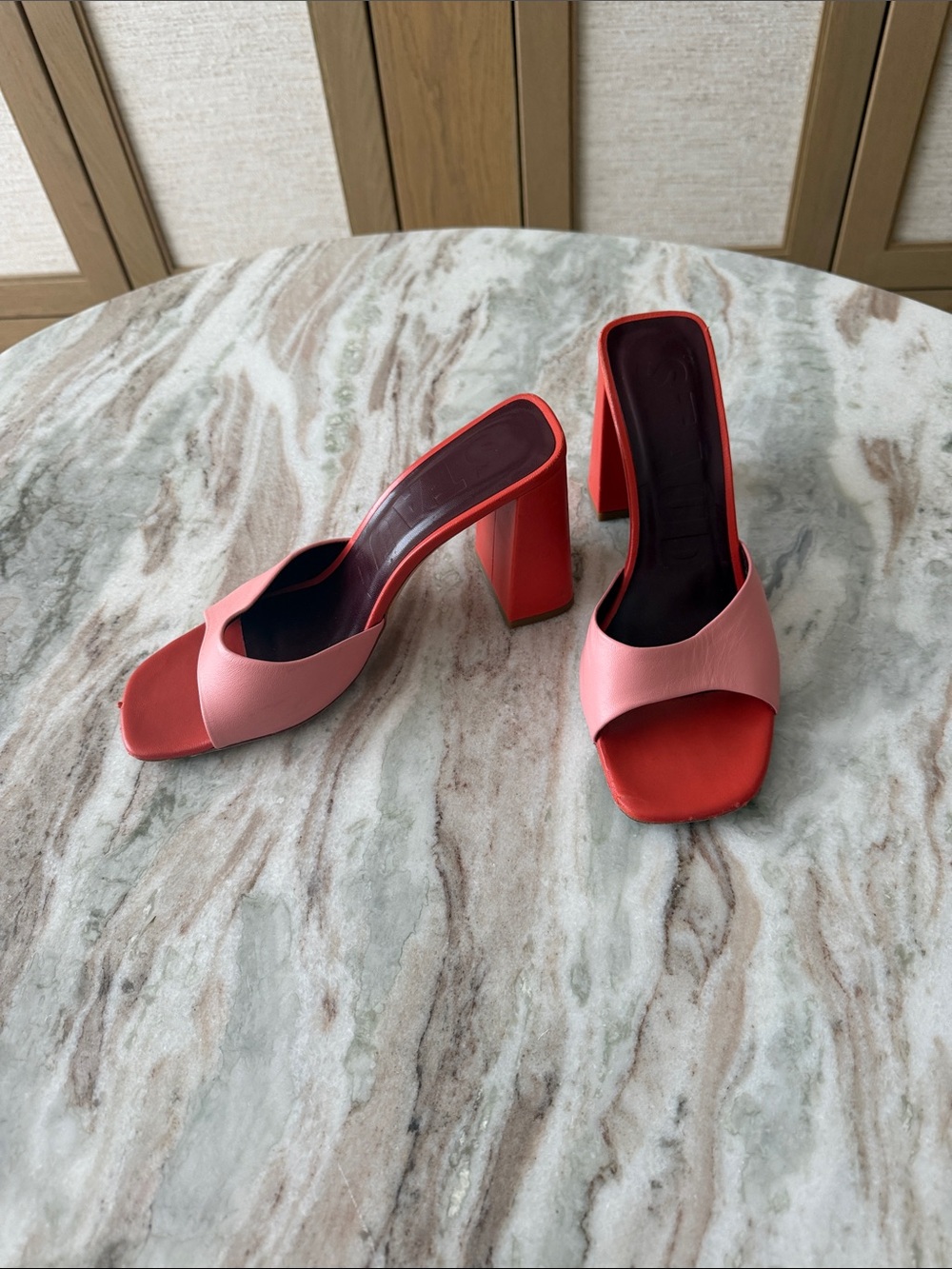 STAUD Pink and Coral Two-Tone Slide Heels - Picture 2 of 4